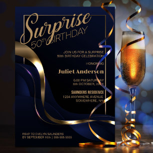 Überraschung 50. Geburtstag Blue Gold Party Einlad Einladung