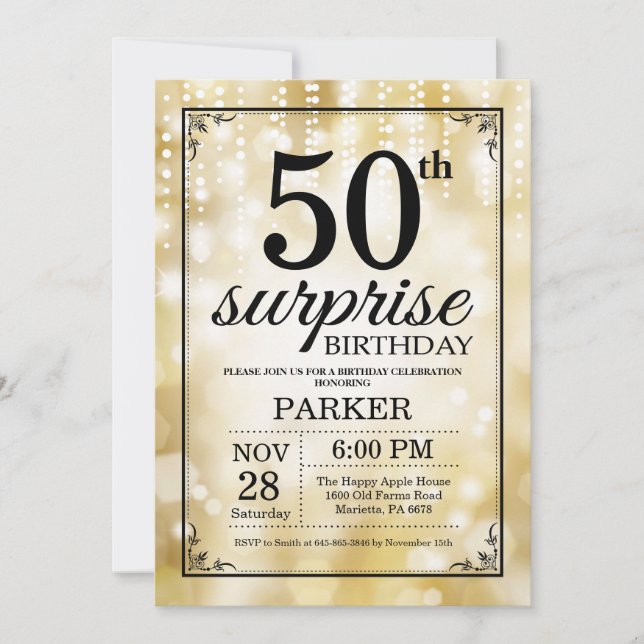 Überraschung 50. Geburtstag Einladung Gold Glitzer (Vorderseite)