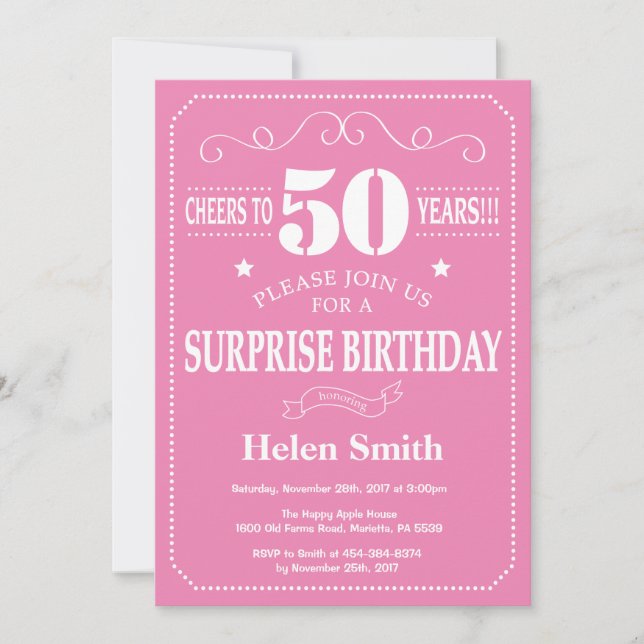 Überraschung 50. Geburtstag Einladung Rosa und Wei (Vorderseite)