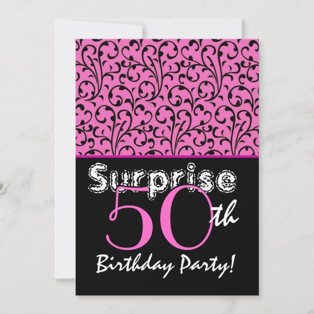 ÜBERRASCHUNG 50. Geburtstag Hellrosa Schwarze Wirb Einladung (Vorderseite)