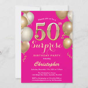 Überraschung 50. Geburtstag Hot Pink und Gold Ball Einladung