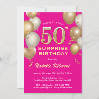 Überraschung 50. Geburtstag Hot Pink und Gold Ball Einladung