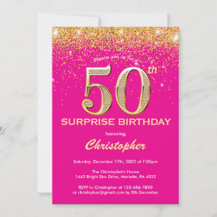 Überraschung 50. Geburtstag Hot Pink und Gold Glit Einladung