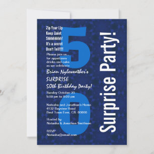 ÜBERRASCHUNG 50. Geburtstag Modernes Blau und Weiß Einladung