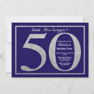 Überraschung 50. Geburtstag Navy Blau Silber Glitt Einladung