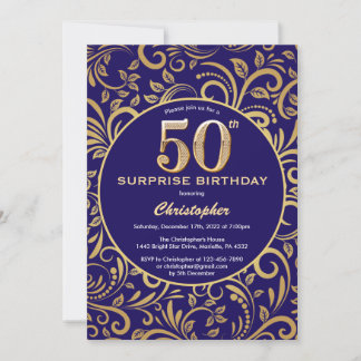 Überraschung 50. Geburtstag Navy Blau und Gold Flo Einladung