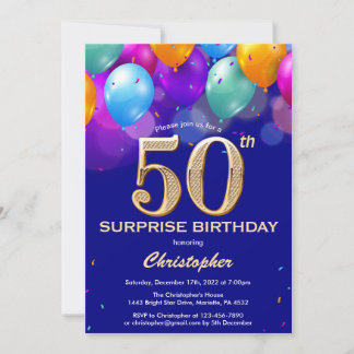 Überraschung 50. Geburtstag Navy Blue und Gold Bal Einladung