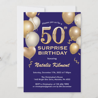 Überraschung 50. Geburtstag Navy Blue und Gold Bal Einladung