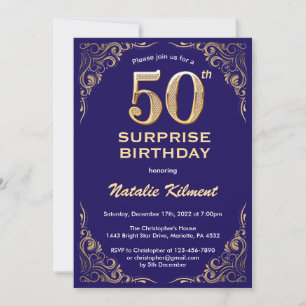 Überraschung 50. Geburtstag Navy Blue und Gold Gli Einladung