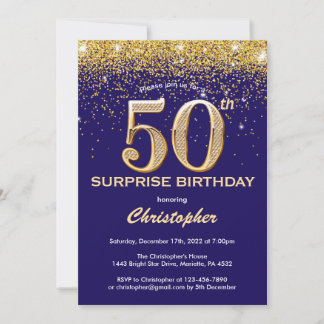 Überraschung 50. Geburtstag Navy Blue und Gold Gli Einladung