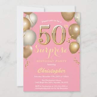 Überraschung 50. Geburtstag Rosa und Gold Ballons Einladung