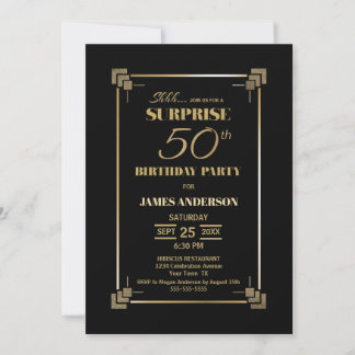 Überraschung 50. Geburtstag Schwarz-Gold-Party Einladung