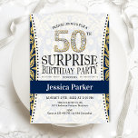 Überraschung 50. Geburtstag - White Gold Navy Einladung<br><div class="desc">Überraschung 50. Geburtstagsparty Einladung. Elegantes Design in Imitaten Glitzer Gold,  Weiß und Marine. Enthält Skript-Schriftart und Diamantnummer. Ideal für eine stilvolle Damenfeier oder eine männliche Feier.</div>