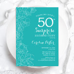 Überraschung 50. Geburtstagsparty - Türkisblume Einladung<br><div class="desc">Türkisblume Überraschung 50. Geburtstag Party Einladung. Minimalistisches modernes Design mit botanischen Akzenten und Typografie-Script-Schriftart. Einfache feminine Einladungskarte,  perfekt für eine stilvolle weibliche Überraschung am Tag. Kann für jedes Alter angepasst werden.</div>