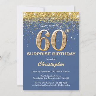 Überraschung 60. Geburtstag Blau und Gold Glitzer Einladung
