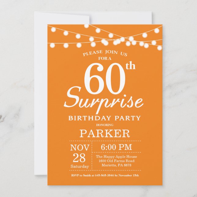 Überraschung 60. Geburtstag Einladung Orange (Vorderseite)