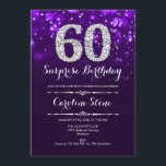 Überraschung 60. Geburtstag - Lila Silber Einladung<br><div class="desc">Überraschung 60. Geburtstag Einladung. Elegantes lila Design mit Imitaten Glitzer Silber. Erwachsener Geburtstag. Enthält Diamanten,  Bokeh-Leuchten und Skript-Schriftart. Männer oder Frauen laden ein. Ideal für eine stilvolle Geburtstagsfeier. Nachricht,  wenn Sie weitere Anpassungen benötigen.</div>