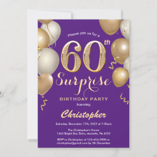 Überraschung 60. Geburtstag Lila und Gold Ballons Einladung