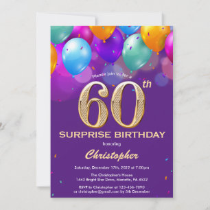 Überraschung 60. Geburtstag Lila und Gold Ballons Einladung