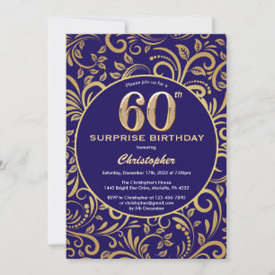 Überraschung 60. Geburtstag Navy Blau und Gold Flo Einladung