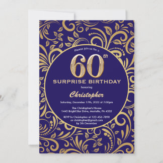 Überraschung 60. Geburtstag Navy Blau und Gold Flo Einladung