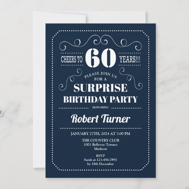 Überraschung 60. Geburtstag - Navy Blue Einladung (Vorderseite)