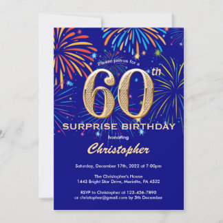 Überraschung 60. Geburtstag Navy Blue & Gold Firew Einladung