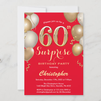 Überraschung 60. Geburtstag Rot und Gold Ballons Einladung