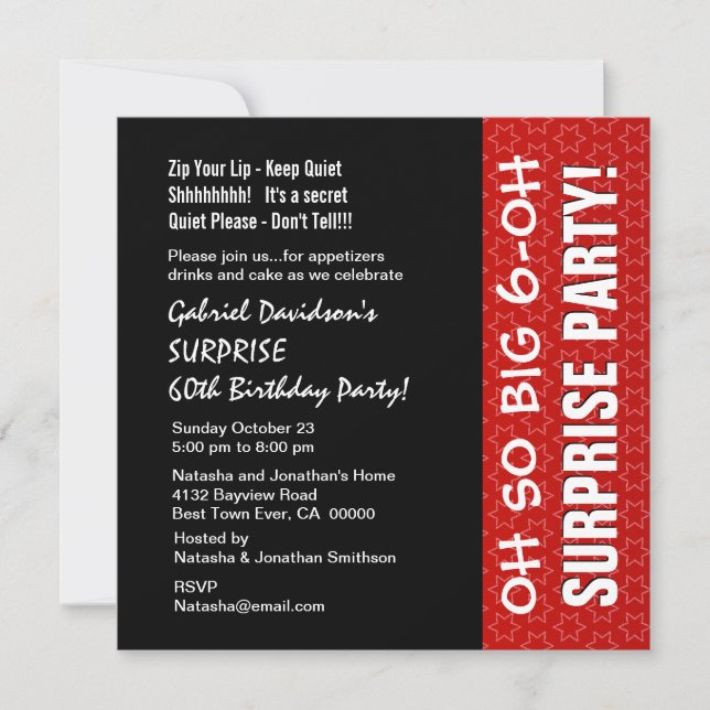 ÜBERRASCHUNG 60. Geburtstag Rote Sterne Q004 Einladung (Vorderseite)