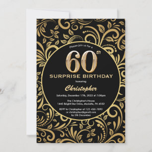 Überraschung 60. Geburtstag Schwarz und Gold Flora Einladung