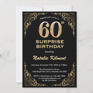 Überraschung 60. Geburtstag Schwarz und Gold Glitz Einladung