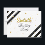 Überraschung 60. Geburtstag Script Gold Geometric Einladung<br><div class="desc">Moderne Überraschung 60. Geburtstag Script Gold Geometric Einladung mit schwarzen Streifen und Goldfolie Glitzer Punkte mit Skripttypografie können Sie leicht bearbeiten. Für weitere Anpassungen klicken Sie bitte auf die Schaltfläche "Anpassen" und verwenden Sie unser Designwerkzeug,  um diese Vorlage zu ändern.</div>