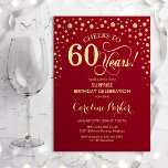 Überraschung 60. Geburtstagsparty - Red Gold Einladung<br><div class="desc">Überraschung 60. Geburtstagsparty Einladung. Elegantes Design in dunkelrot und Imitat Glitzer Gold. Enthält Skript-Schriftart und Diamanten Konfetti. Feiert bis 60 Jahre! Nachricht,  wenn Sie weitere Anpassungen benötigen.</div>