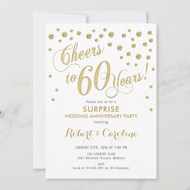 Überraschung 60. Hochzeitstag - White & Gold Einladung (Vorderseite)