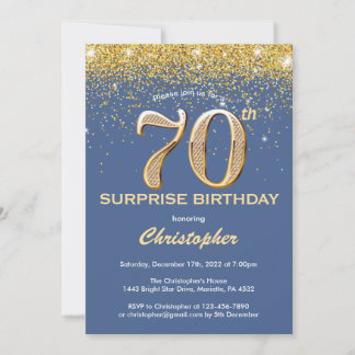 Überraschung 70. Geburtstag Blau und Gold Glitzer Einladung