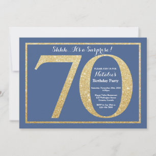 Überraschung 70. Geburtstag Blau und Gold Glitzer Einladung