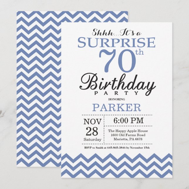 Überraschung 70. Geburtstag Blau Zickzack Einladung (Vorne/Hinten)
