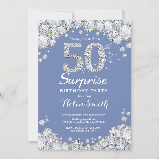 Überraschung 70. Geburtstag Blue Silver Diamond Einladung (Vorderseite)