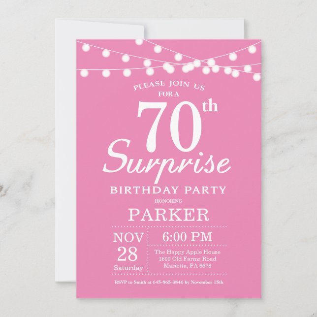 Überraschung 70. Geburtstag Einladung Pink (Vorderseite)