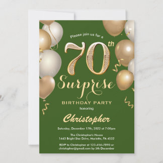 Überraschung 70. Geburtstag Grün und Gold Ballons Einladung
