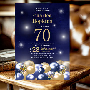 Überraschung 70. Geburtstag Navy Blau Goldene Ball Einladung
