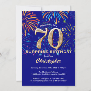 Überraschung 70. Geburtstag Navy Blue & Gold Firew Einladung
