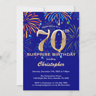 Überraschung 70. Geburtstag Navy Blue & Gold Firew Einladung