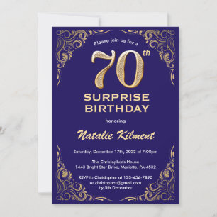Überraschung 70. Geburtstag Navy Blue und Gold Gli Einladung