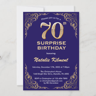 Überraschung 70. Geburtstag Navy Blue und Gold Gli Einladung