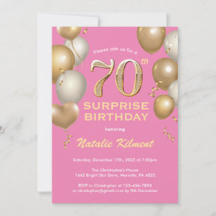 Überraschung 70. Geburtstag Rosa und Gold Ballons Einladung