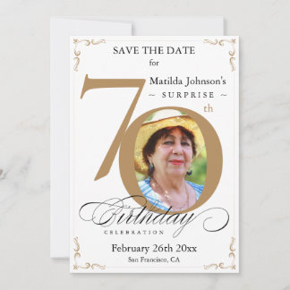 Überraschung 70. Geburtstag Save the Date Gold Whi Einladung