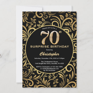 Überraschung 70. Geburtstag Schwarz und Gold Flora Einladung