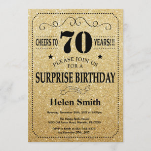 Überraschung 70. Geburtstag Schwarz und Gold Glitz Einladung