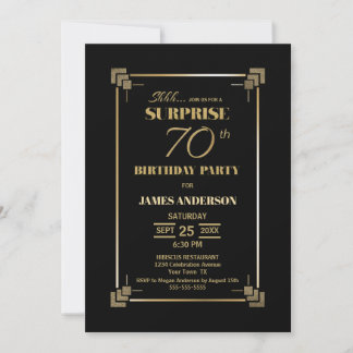 Überraschung 70. Geburtstag Schwarz und Gold Party Einladung